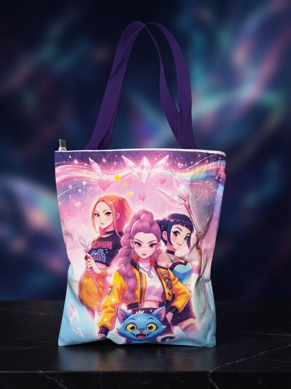 Purple Illustrated Art Tote Bag with Magic Girl Print 12”x14”